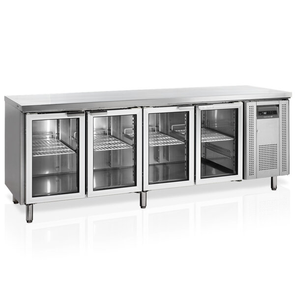 Koelwerkbank | 553L | 4 Glasdeuren (1/1 GN) | +2°C/+10°C | Geforceerd | 0.3kW | Werkblad Afneembaar | 2230x700x880(h)mm