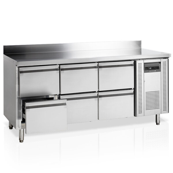 Koelwerkbank | 417L | 6 Laden (1/1 GN) | -2°C/+10°C | Geforceerd | Achteropstand | Werkblad Afneembaar | 1795x700x880/980(h)mm