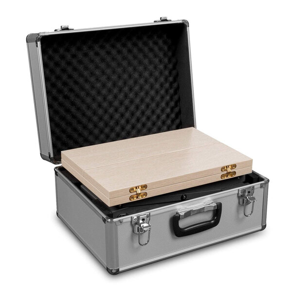 Folderstandaard + Counter | CONCORD | Staal/Hout | Donkergrijs/Naturel | Opvouwbaar | Enkelzijdig | 3x A4 | Incl. Koffer | 530x390x1010(h)mm