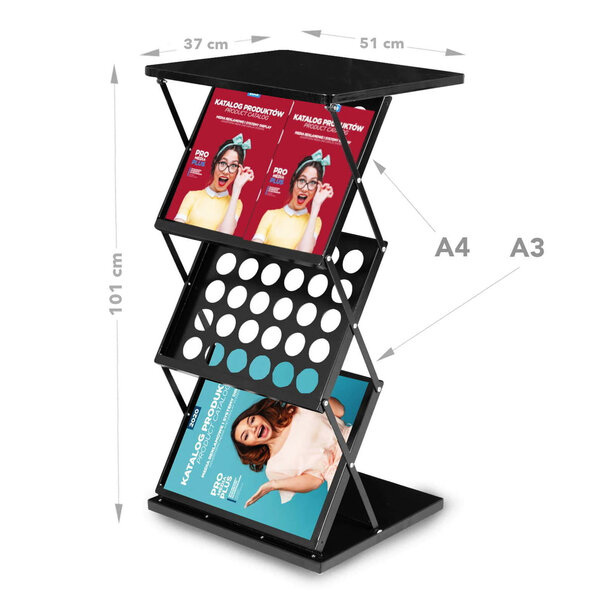 Folderstandaard + Counter | DALLAS | Staal | Zwart | Opvouwbaar | Enkelzijdig | 3x A3 | Incl. Draagtas | 510x370x1010(h)mm