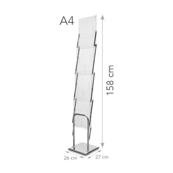 Folderstandaard | COLUMBIA | Staal/Plexiglas | Verchroomd | Opvouwbaar | Enkelzijdig | 4x A4 | Incl. Rugtas | 260x270x1580(h)mm