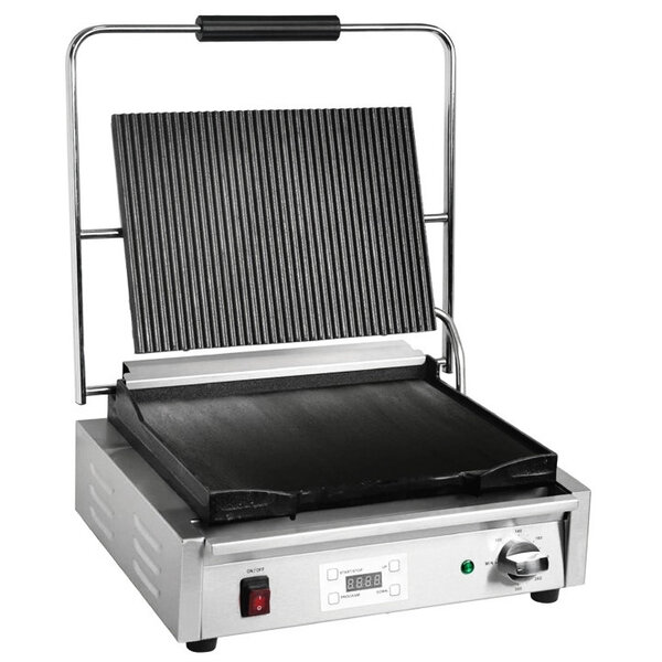 Contact-/Paninigrill | Enkel XL | Glad/Gegroefd Oppervlak 400x226 (Gietijzer) | 100°C/300°C | 2.2kW (230V) | Timer | 480x435x215(h)mm