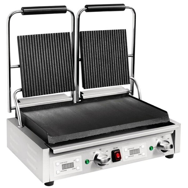 Contact-/Paninigrill | Dubbel | Glad/Gegroefd Oppervlak 470x226 (Gietijzer) | 100°C/300°C | 2.9kW (230V) | Timer | 550x395x210(h)mm