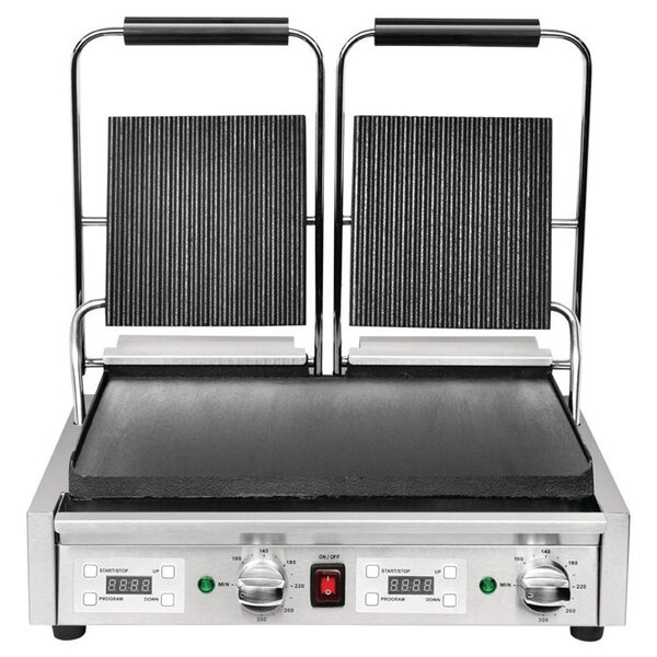 Contact-/Paninigrill | Dubbel | Glad/Gegroefd Oppervlak 470x226 (Gietijzer) | 100°C/300°C | 2.9kW (230V) | Timer | 550x395x210(h)mm