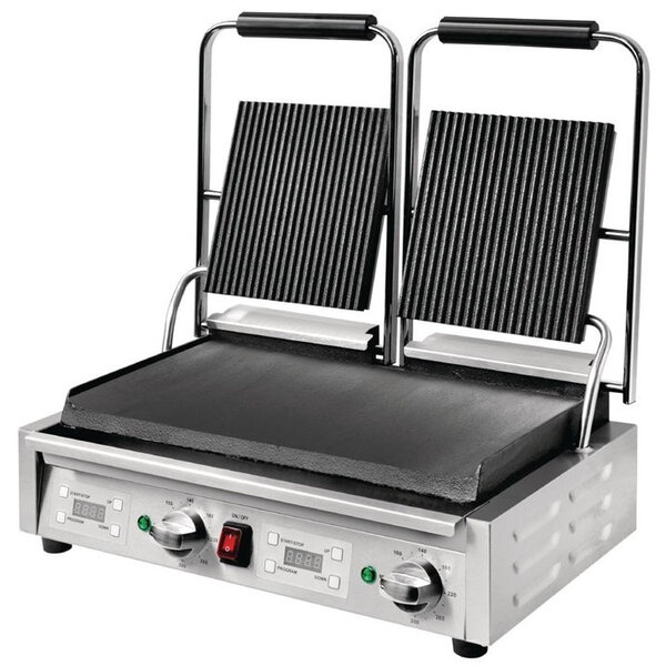 Contact-/Paninigrill | Dubbel | Glad/Gegroefd Oppervlak 470x226 (Gietijzer) | 100°C/300°C | 2.9kW (230V) | Timer | 550x395x210(h)mm