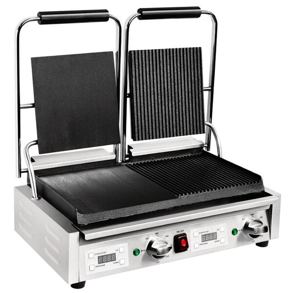 Contact-/Paninigrill | Dubbel | Glad/Gegroefd Oppervlak 470x226 (Gietijzer) | 100°C/300°C | 2.9kW (230V) | Timer | 550x395x210(h)mm