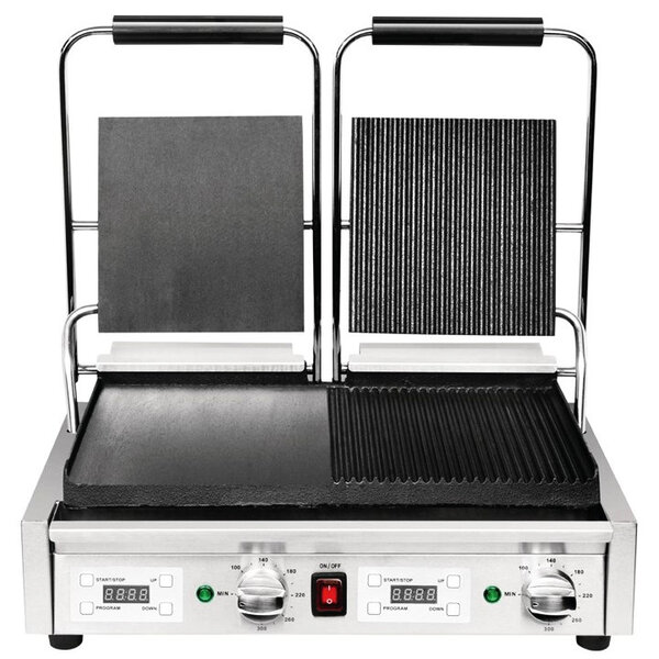 Contact-/Paninigrill | Dubbel | Glad/Gegroefd Oppervlak 470x226 (Gietijzer) | 100°C/300°C | 2.9kW (230V) | Timer | 550x395x210(h)mm
