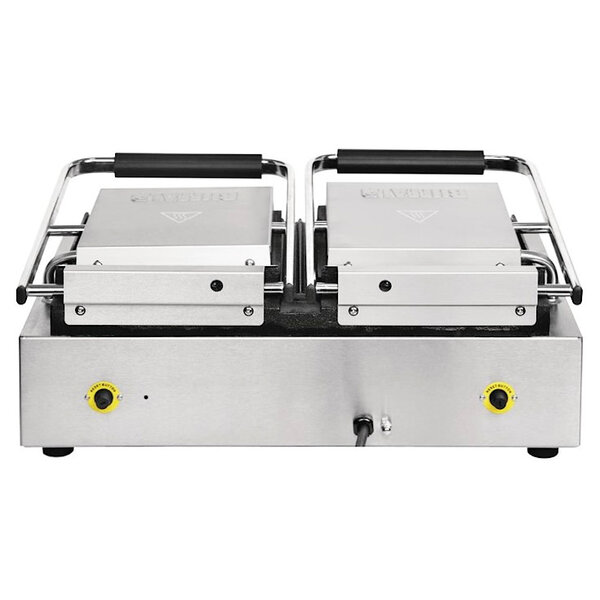 Contact-/Paninigrill | Dubbel | Glad/Gegroefd Oppervlak 470x226 (Gietijzer) | 100°C/300°C | 2.9kW (230V) | Timer | 550x395x210(h)mm