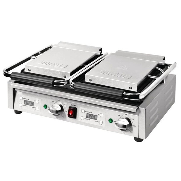 Contact-/Paninigrill | Dubbel | Glad/Gegroefd Oppervlak 470x226 (Gietijzer) | 100°C/300°C | 2.9kW (230V) | Timer | 550x395x210(h)mm