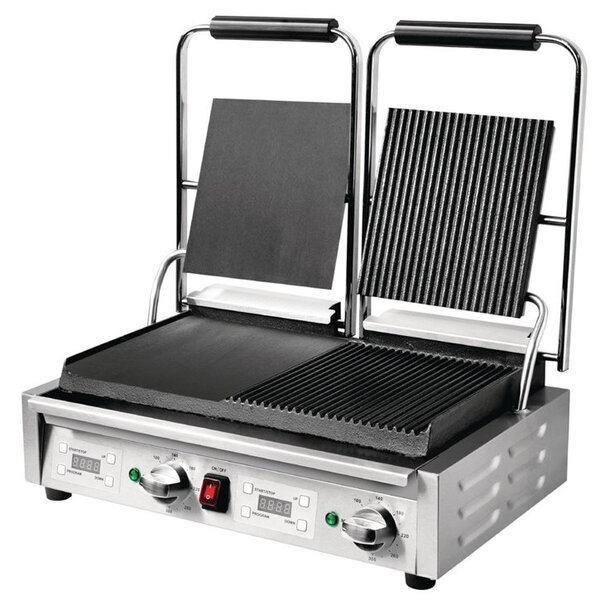 Contact-/Paninigrill | Dubbel | Glad/Gegroefd Oppervlak 470x226 (Gietijzer) | 100°C/300°C | 2.9kW (230V) | Timer | 550x395x210(h)mm