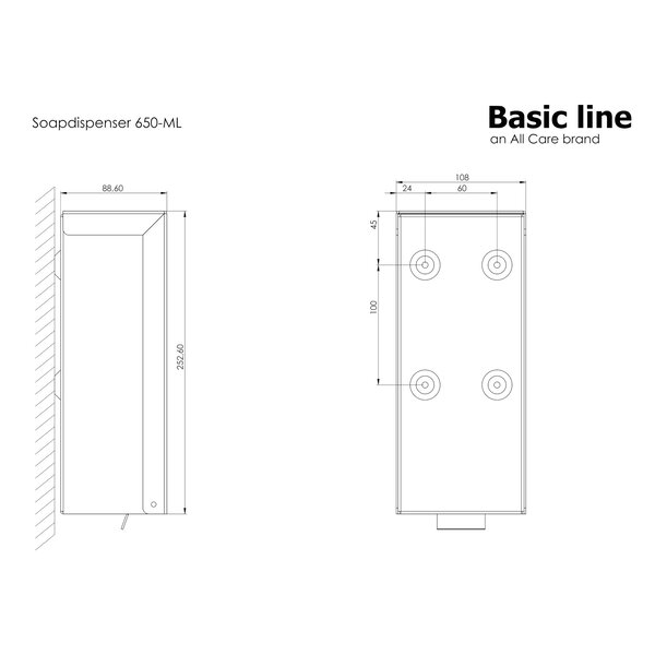 Zeepdispenser | BasicLine | RVS | Vloeibare Zeep (800ml) | Dosering 0.4ml | Wandmontage | 104x92x272(h)mm