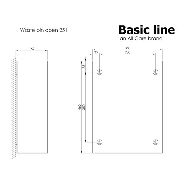 Wandafvalbak | BasicLine | RVS (Geborsteld) | 25L | Open | 350x155x460(h)mm