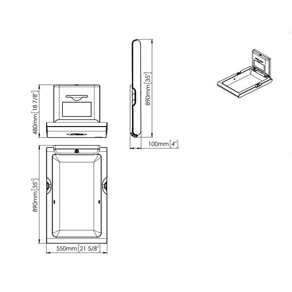 Babyverschoontafel | mediclinics | RVS | Opklapbaar (Verticaal) | Antibacterieel | Conform NEN-EN | 550x100/890x480(h)mm