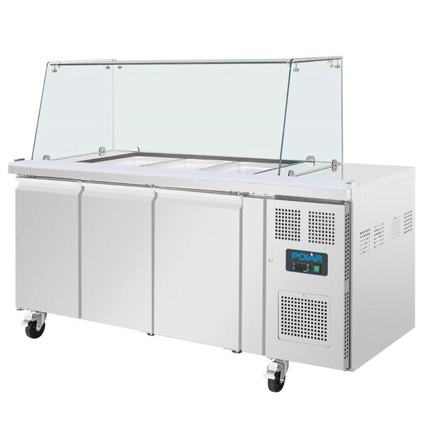 Saladette | 456L | 3 Deuren (1/1 GN) | Boven 3x 1/1 GN | -2°C/+8°C | Geforceerd | Glasopzet + Snijblad | Wielen (Geremd) | 1795x700x850/1360(h)mm