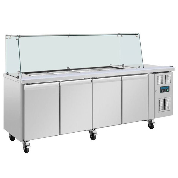 Saladette | 616L | 4 Deuren (1/1 GN) | Boven 4x 1/1 GN | -2°C/+8°C | Geforceerd | Glasopzet + Snijblad | Wielen (Geremd) | 2230x700x850/1360(h)mm