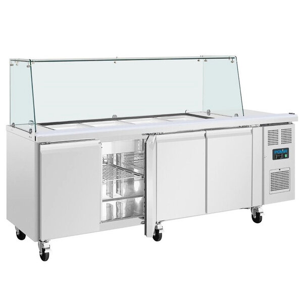 Saladette | 616L | 4 Deuren (1/1 GN) | Boven 4x 1/1 GN | -2°C/+8°C | Geforceerd | Glasopzet + Snijblad | Wielen (Geremd) | 2230x700x850/1360(h)mm