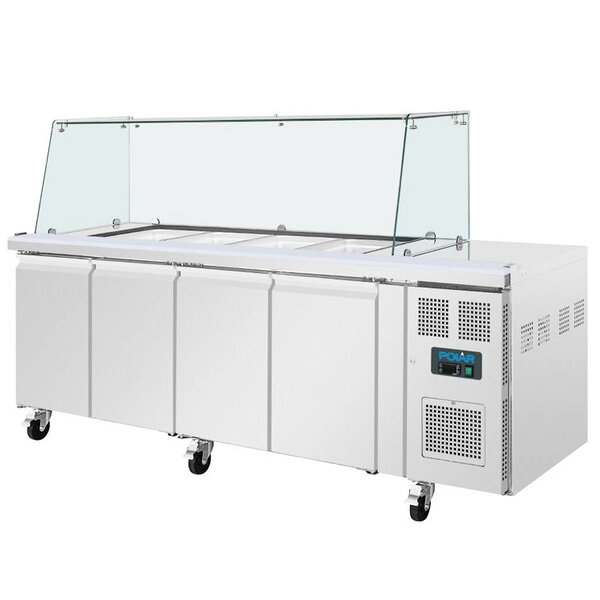 Saladette | 616L | 4 Deuren (1/1 GN) | Boven 4x 1/1 GN | -2°C/+8°C | Geforceerd | Glasopzet + Snijblad | Wielen (Geremd) | 2230x700x850/1360(h)mm