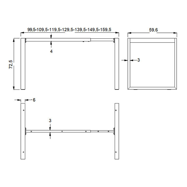 Tafelonderstel | QUADRA | Staal | Zwart | Breedte Verstelbaar (995-1595mm) | 995-1595x596x725(h)mm