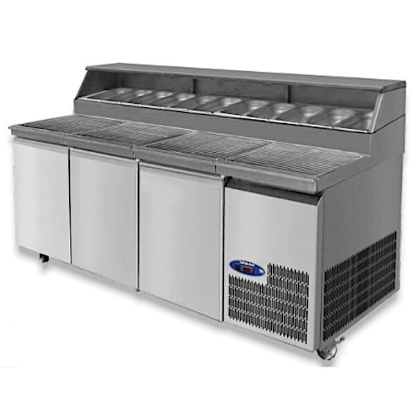 Pizzawerkbank | 1000L | 4 Deuren (EN600x400) | Boven 13x 1/4 GN | 0°C/+10°C | Geventileerd | Wielen (Geremd) | 2500x800x850/1150(h)mm