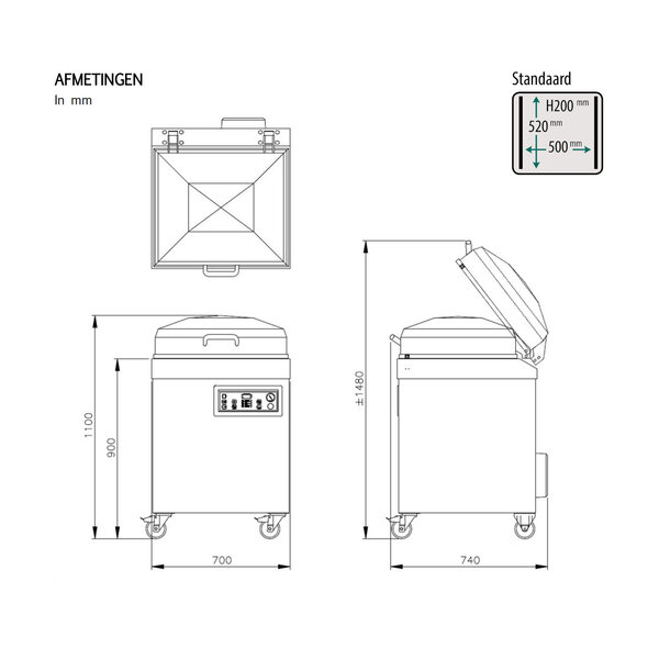 Vacumeermachine | POLAR | Seallengte 2x 520mm (L/R) | Sealkamer 500x520x200mm | Sealtijd 15-40sec | Wielen (Geremd) | 700x785x1100(h)mm