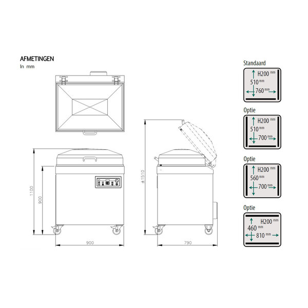 Vacumeermachine | POLAR | Diverse Sealconfiguraties | Sealkamer 760x510x200mm | Sealtijd 15-40sec | Wielen (Geremd) | 900x790x1100(h)mm