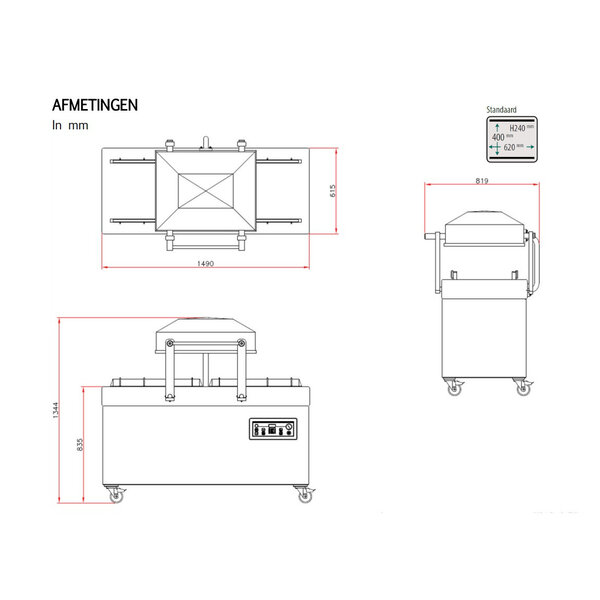 Vacumeermachine | POLAR | Seallengte 4x 620mm (L/R) | Sealkamers 2x 620x400x240mm | Sealtijd 15-40sec | Wielen (Geremd) | 1490x820x1345(h)mm