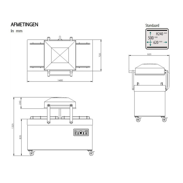 Vacumeermachine | POLAR | Seallengte 4x 620mm (Voor/Achter) | Sealkamers 2x 620x500x240mm | Sealtijd 15-40sec | Wielen (Geremd) | 1480x920x1325(h)mm