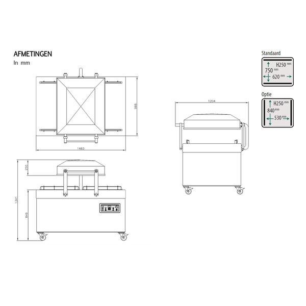 Vacumeermachine | POLAR | Seallengte 4x 620mm | Sealkamers 2x 620x760x250mm | Sealtijd 15-40sec | Wielen (Geremd) | 1485x1205x1340(h)mm
