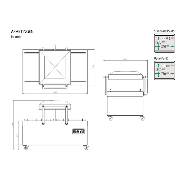 Vacumeermachine | POLAR | Seallengte 4x 840mm (Voor/Achter) | Sealkamers 2x 840x830x255mm | Sealtijd 15-30sec | Wielen (Geremd) | 1900x1295x1450(h)mm