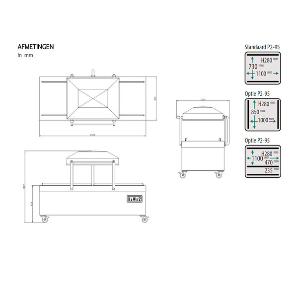 Vacumeermachine | POLAR | Diverse Sealconfiguraties | Sealkamers 2x 1100x730x280mm | Sealtijd 15-40sec | Wielen (Geremd) | 2420x1215x1595(h)mm