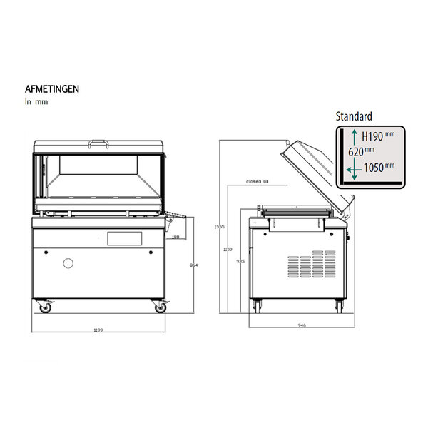 Vacumeermachine | TITAAN | Volautomatisch | Seallengte 1050/620mm (Voor/Links) | Sealkamer 1050x620x190mm | Sealtijd 15-45sec | Wielen (Geremd) | 1200x947x1150(h)mm