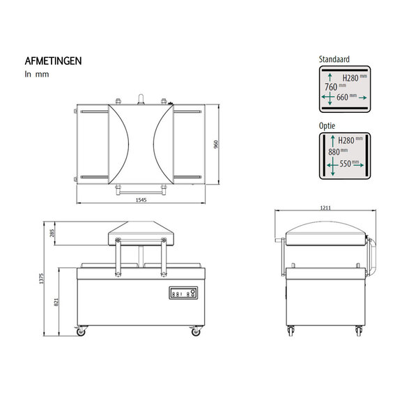 Vacumeermachine | ATMOZ | Diverse Sealconfiguraties | Sealkamers 2x 550x880x280mm | Sealtijd 15-40sec | Wielen (Geremd) | 1545x1210x1105(h)mm