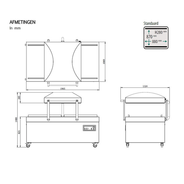 Vacumeermachine | ATMOZ | Seallengte 4x 880mm (Voor/Achter) | Sealkamers 2x 880x870x280mm | Sealtijd 15-40sec | Wielen (Geremd) | 1965x1320x1105(h)mm
