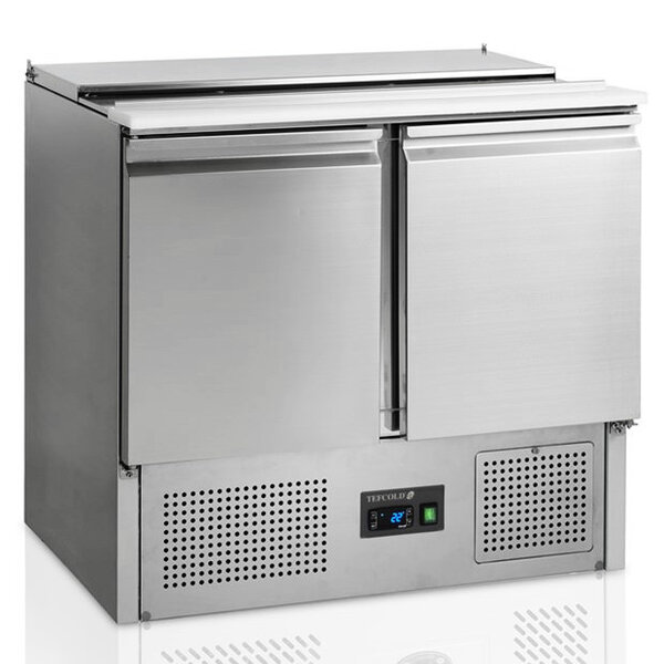 Saladette | 260L | 2 Deuren (1/1 GN) | Boven 2x 1/1 GN + 2x 1/4 GN | +2°C/+10°C | Statisch + Ventilator | Schuif-/Klapdeksel + Snijblad | 900x700x877(h)mm