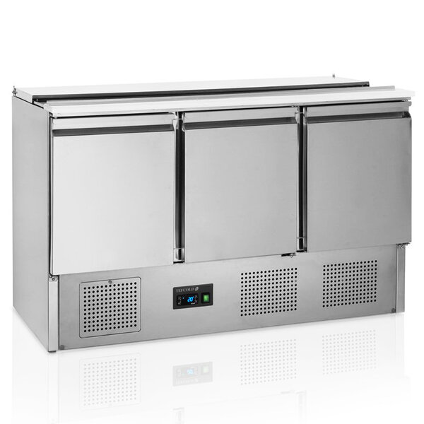 Saladette | 400L | 3 Deuren (1/1 GN) | Boven 4x 1/1 GN | +2°C/+10°C | Statisch + Ventilator | Schuif-/Klapdeksel + Snijblad | 1365x700x877(h)mm