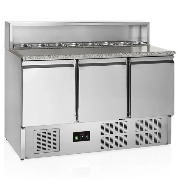 Pizzawerkbank | G-LINE | 400L | 3 Deuren (1/1 GN) | Boven 8x 1/6 GN | +2°C/+10°C | Statisch + Ventilator | 1365x700x880/1100(h)mm