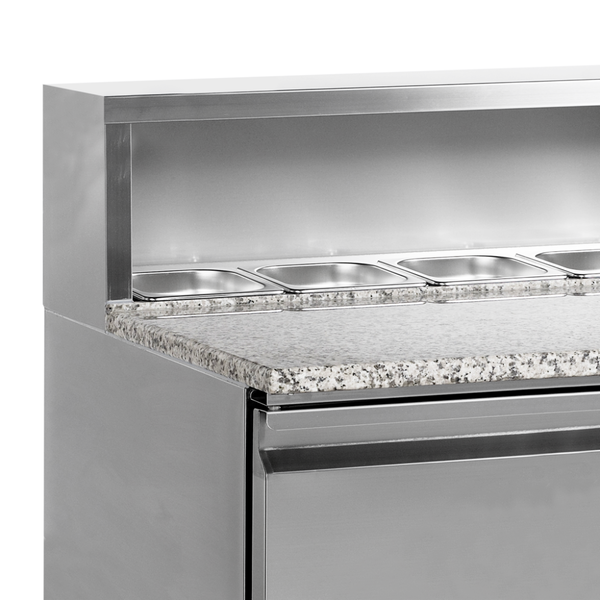 Pizzawerkbank | 400L | 3 Deuren (1/1 GN) | Boven 8x 1/6 GN | +2°C/+10°C | Statisch + Ventilator | 1365x700x880/1100(h)mm