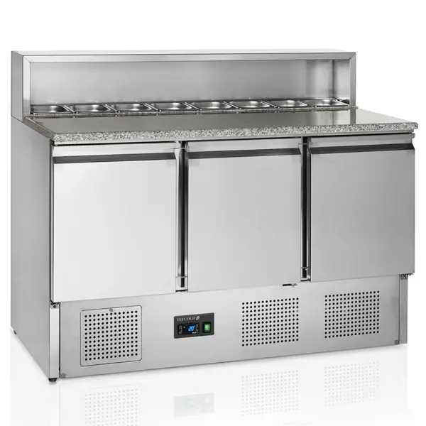 Pizzawerkbank | 400L | 3 Deuren (1/1 GN) | Boven 8x 1/6 GN | +2°C/+10°C | Statisch + Ventilator | 1365x700x880/1100(h)mm