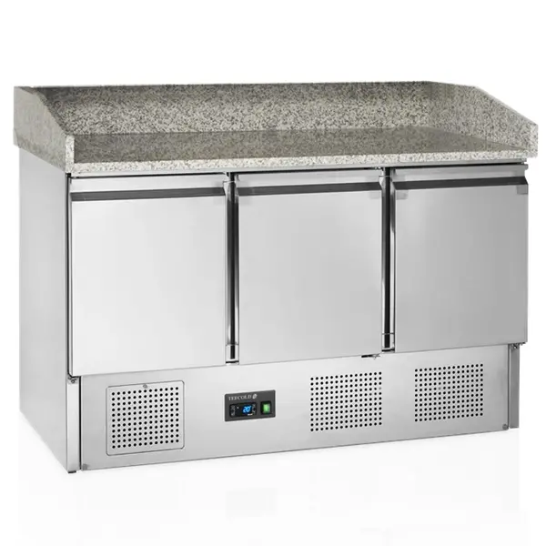 Pizzawerkbank + Opzetkoelvitrine | 400L | 3 Deuren (1/1 GN) | Boven 5x 1/4 GN + 1x 1/6 GN | +2°C/+10°C | Statisch + Ventilator | 1365x700x890/1457(h)mm