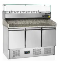 Tefcold Pizzawerkbank + Opzetkoelvitrine | 400L | 3 Deuren (1/1 GN) | Boven 5x 1/4 GN + 1x 1/6 GN | +2°C/+10°C | Statisch + Ventilator | 1365x700x890/1457(h)mm