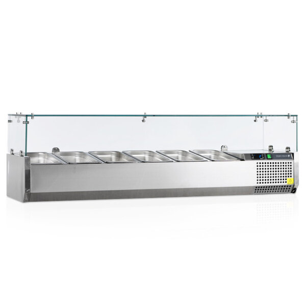 Pizzawerkbank + Opzetkoelvitrine | 400L | 3 Deuren (1/1 GN) | Boven 5x 1/4 GN + 1x 1/6 GN | +2°C/+10°C | Statisch + Ventilator | 1365x700x890/1457(h)mm