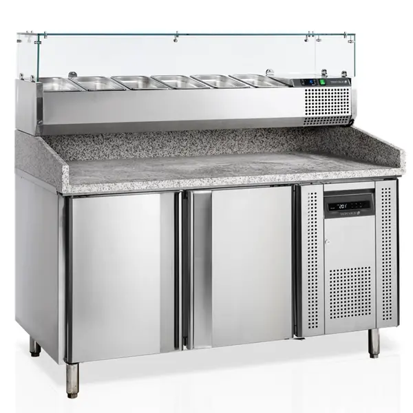 Pizzawerkbank + Opzetkoelvitrine | 390L | 2 Deuren (EN600x400) | Boven 5x 1/3 GN + 2x 1/6 GN | +2°C/+10°C | Geforceerd | 1510x800x850/1445(h)mm