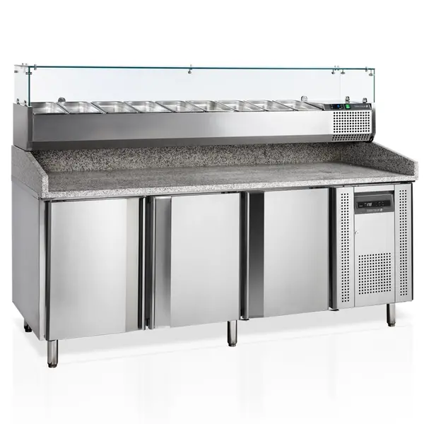 Pizzawerkbank + Opzetkoelvitrine | 580L | 3 Deuren (EN600x400) | Boven 8x 1/3 GN + 2x 1/6 GN | +2°C/+10°C | Geforceerd | 2045x800x850/1445(h)mm