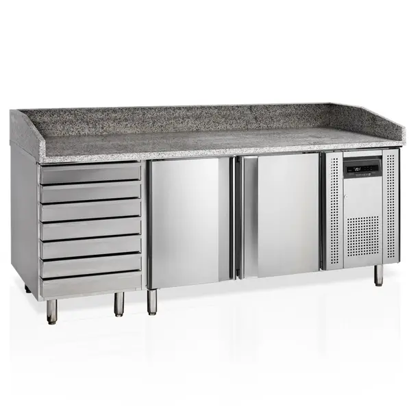 Pizzawerkbank + Opzetkoelvitrine | 390L | 2 Deuren + 7 Deegladen (EN600x400) | Boven 8x 1/3 GN + 2x 1/6 GN | +2°C/+10°C | Geforceerd | 2045x800x850/1445(h)mm