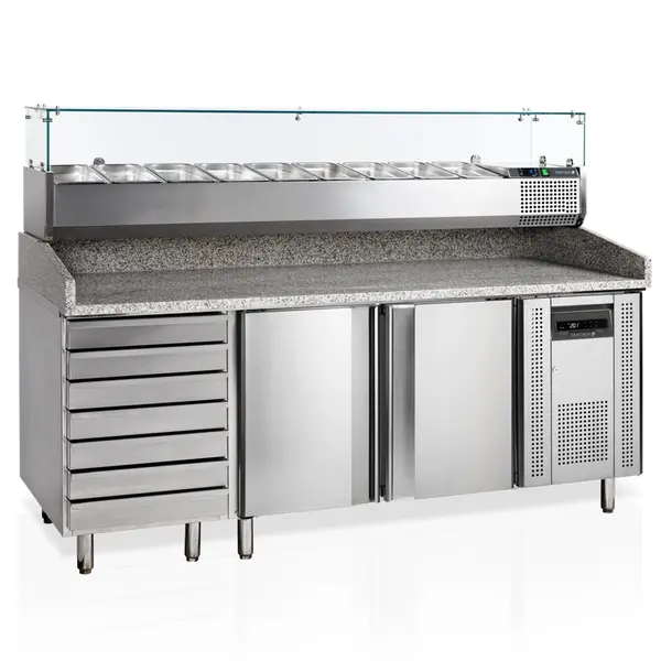 Pizzawerkbank + Opzetkoelvitrine | 390L | 2 Deuren + 7 Deegladen (EN600x400) | Boven 8x 1/3 GN + 2x 1/6 GN | +2°C/+10°C | Geforceerd | 2045x800x850/1445(h)mm