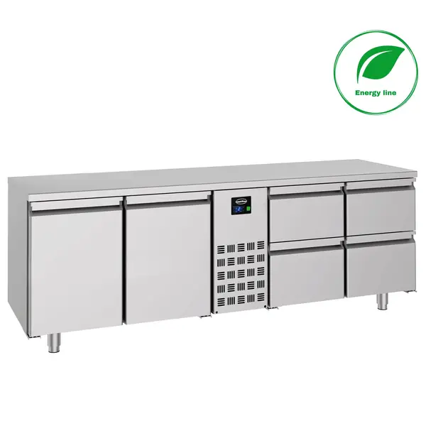Koelwerkbank | Energiezuinig | 632L | 2 Deuren + 4 Laden (1/1 GN) | -2°C/+8°C | Geforceerd | 0.31kW | 2270x700x850(h)mm
