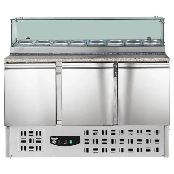 Pizzawerkbank | 444L | 3 Deuren (1/1 GN) | Boven 8x 1/6 GN | +2°C/+8°C | Geventileerd | 0.34kW | 1368x700x1180(h)mm