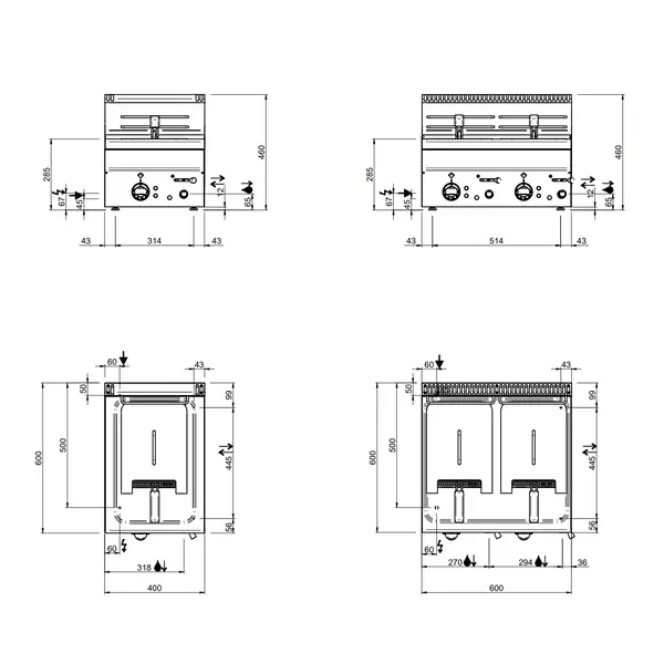 Friteuse | MINIMA 600 | Elektrisch | 10+10L | 90°C/190°C | 18kW (400V) | Aftapkranen | 600x600x270(h)mm