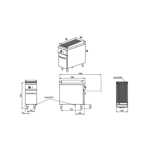 Lavasteengrill | BASE 900 | Gas | Oppervlak 390x650 (RVS) | 9kW | Piëzo Ontsteking | Open Onderkast | 400x900x900(h)mm