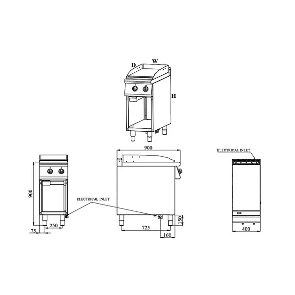 Bak-/Grillplaat | BASE 900 | Elektrisch | Glad Oppervlak 392x670 (RVS) | 50°C/300°C | 6kW (400V) | Open Onderkast | 400x900x900(h)mm